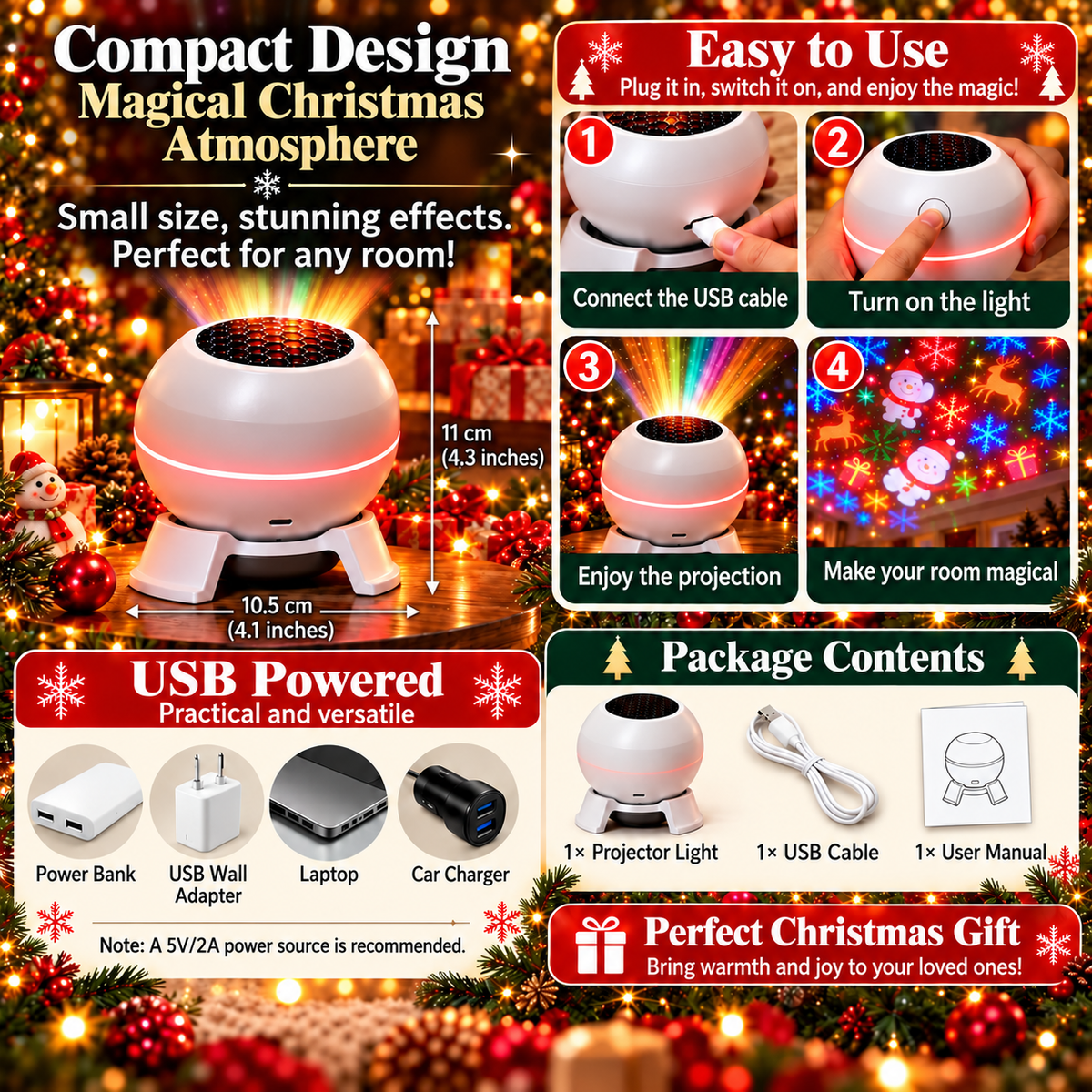 Christmas Light Projector – Moving Festive Motifs with USB