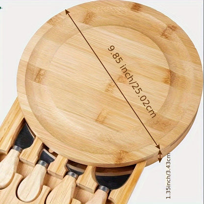 Round bamboo cheese board with 4 knives and drawer