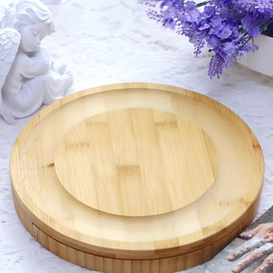 Round bamboo cheese board with 4 knives and drawer