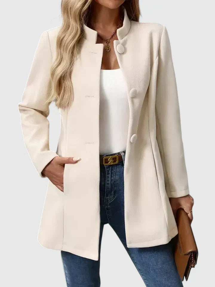 Women's collarless button-front wool-blend jacket in cream