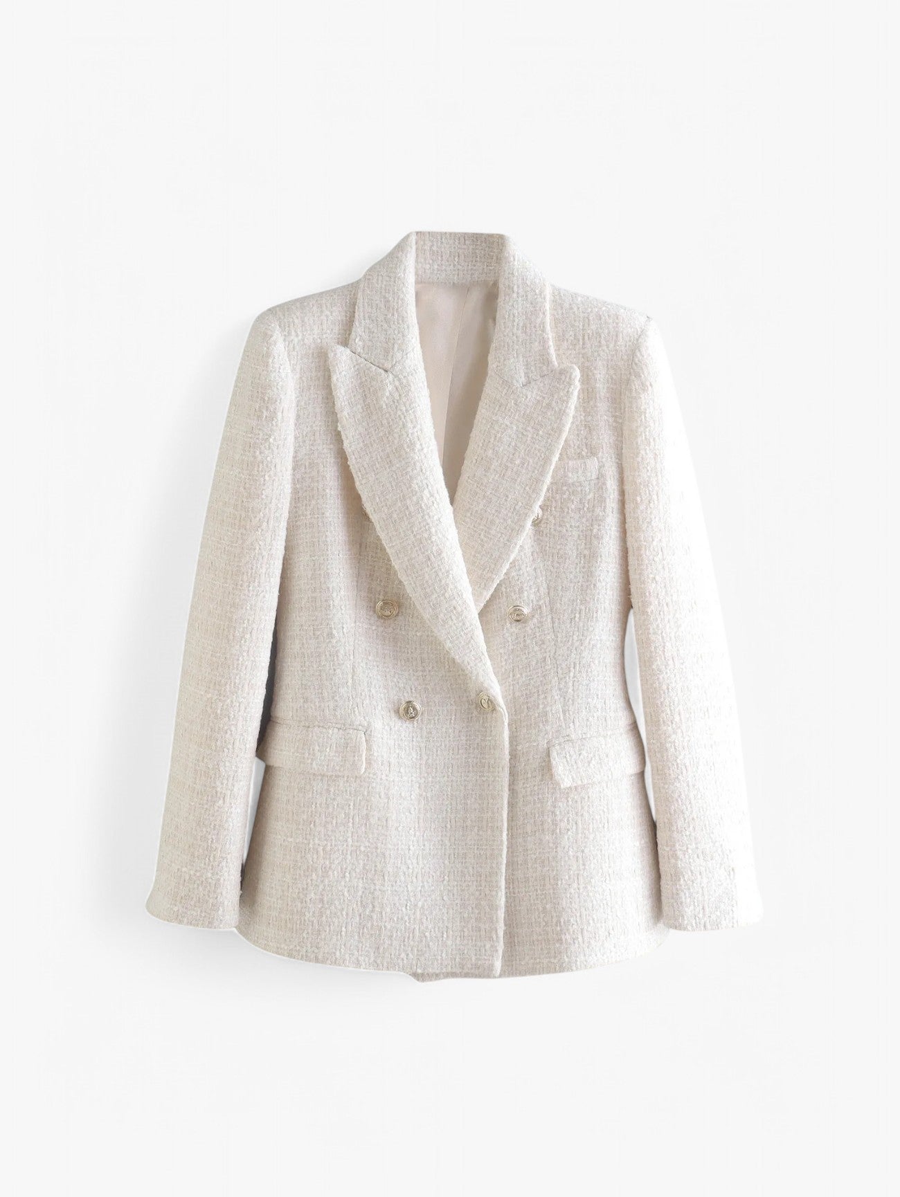 Women's fitted tweed-style blazer with gold-tone buttons