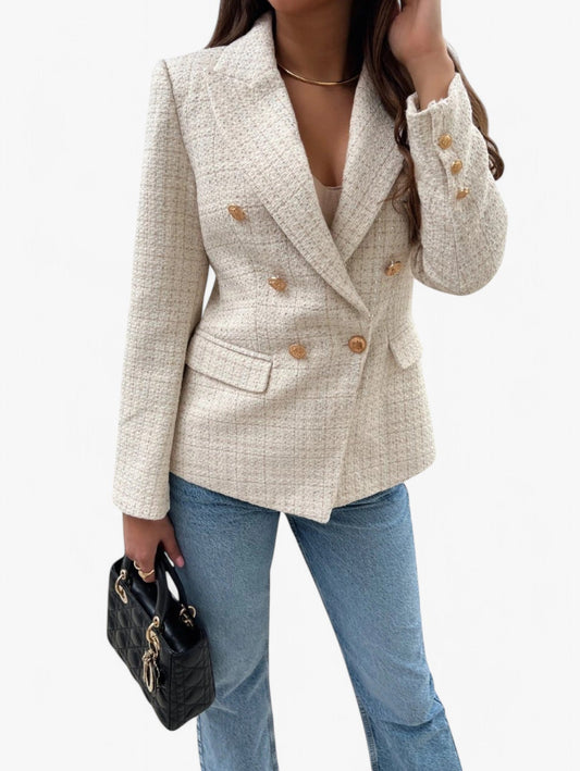 Women's fitted tweed-style blazer with gold-tone buttons