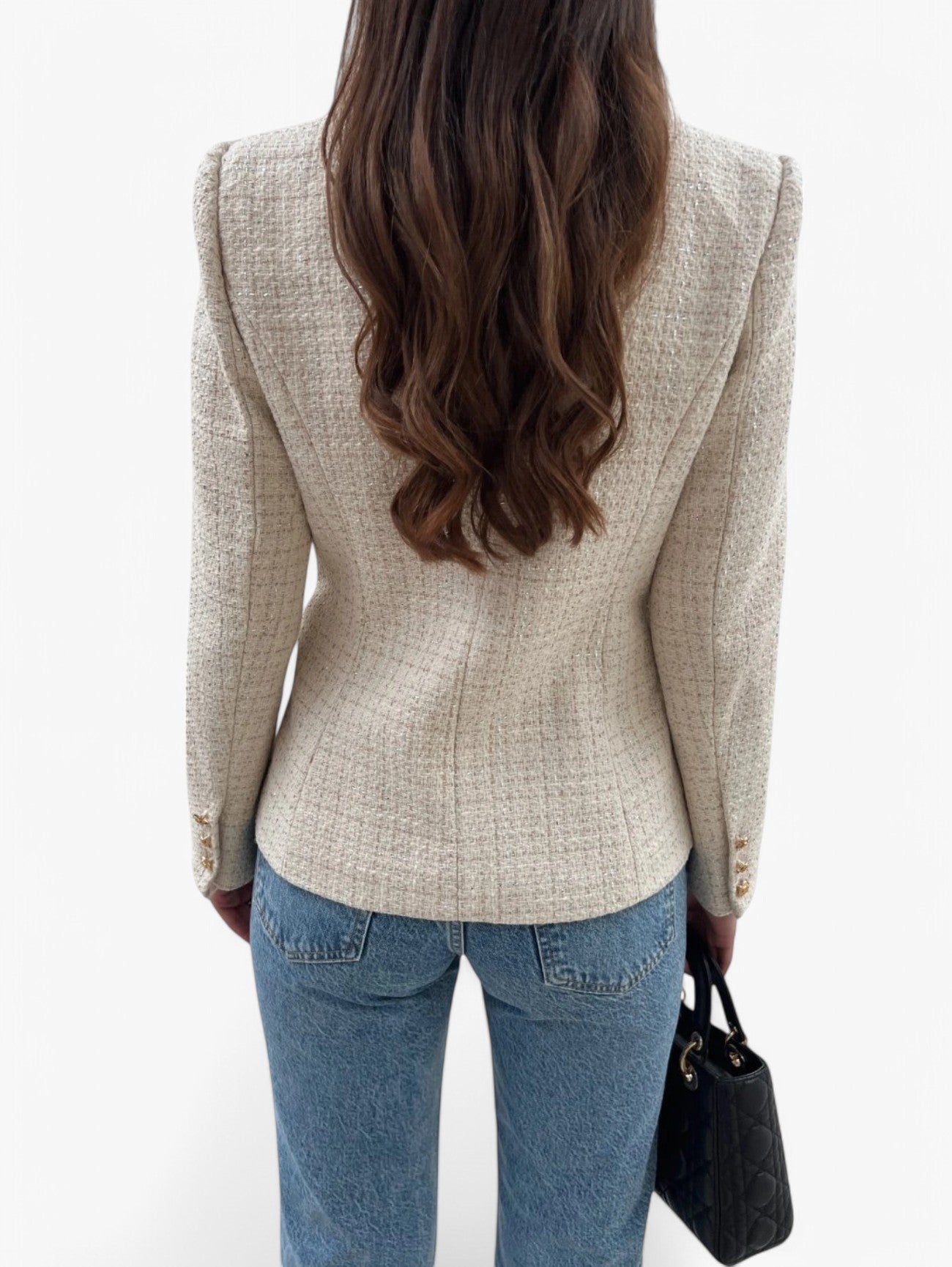 Women's fitted tweed-style blazer with gold-tone buttons