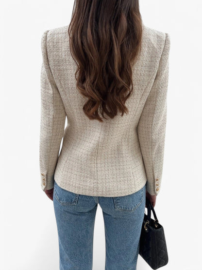 Women's fitted tweed-style blazer with gold-tone buttons