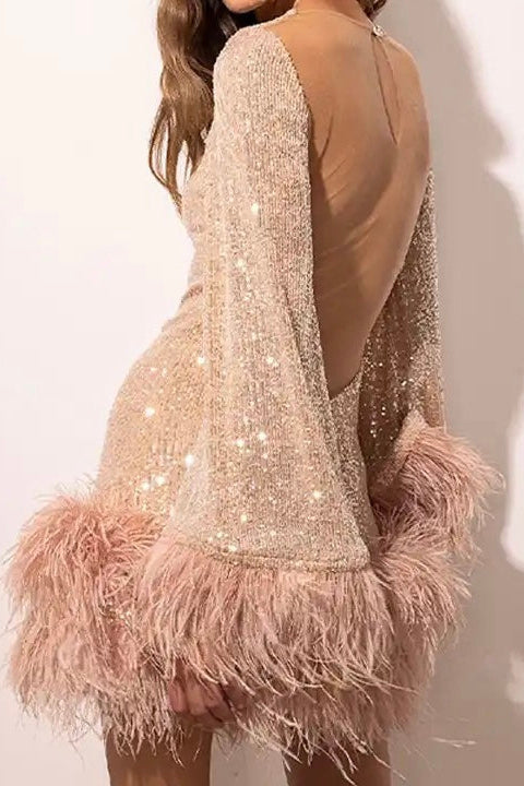 Women's sequin mini dress with open back and feather-trim hem