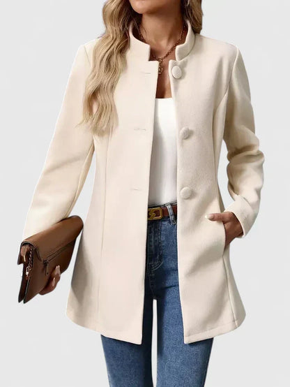 Women's Collarless Jacket – Elegant Button-Front Wool-Blend Jacket