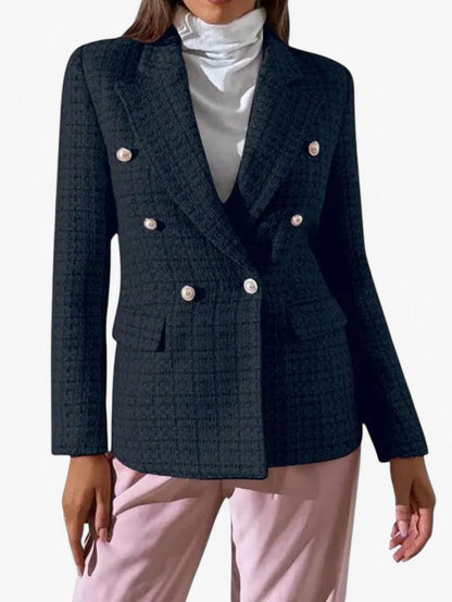Women's fitted tweed-style blazer with gold-tone buttons