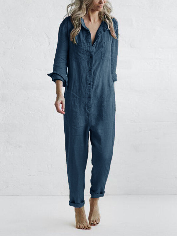 Women's 100% cotton long-sleeve button-front jumpsuit