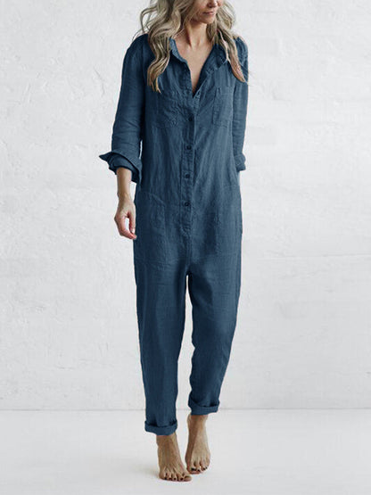 Women's 100% cotton long-sleeve button-front jumpsuit