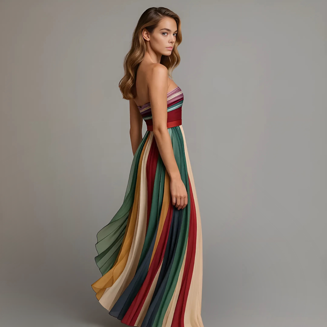 Women's strapless pleated colourful maxi dress