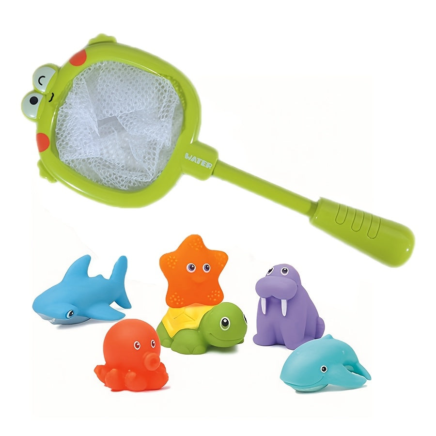 Bath toy set with floating sea animals and nets