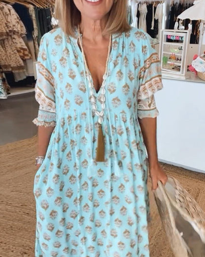 Women's Floral V-Neck Dress – Midi Summer Dress