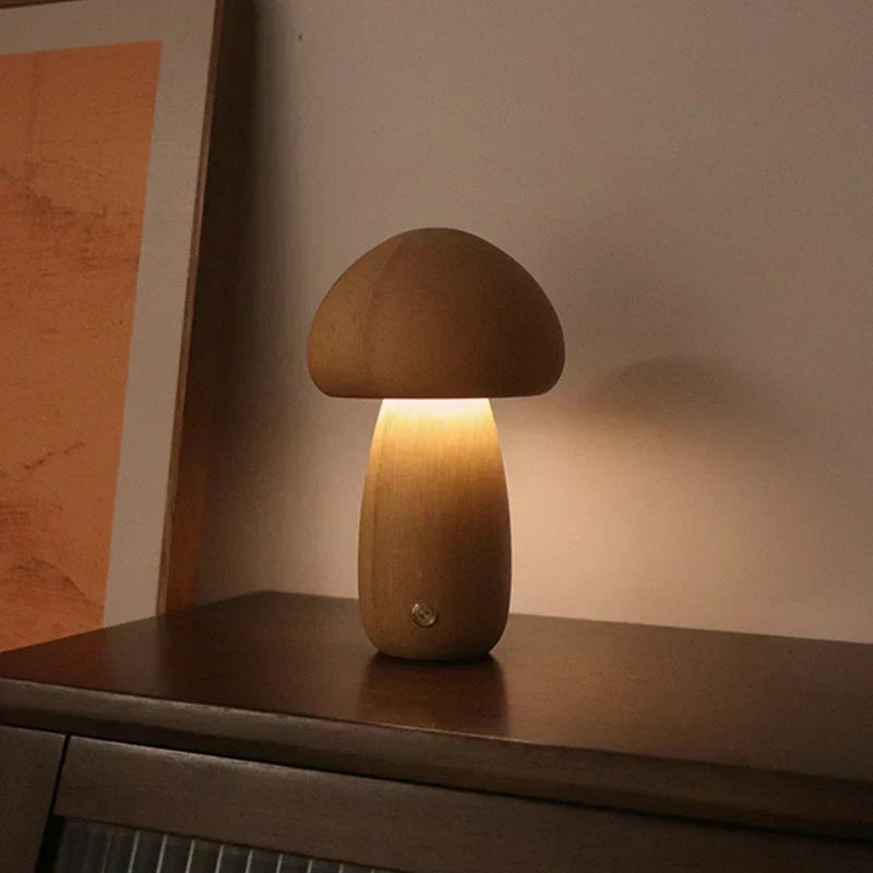 Wooden mushroom LED touch table lamp