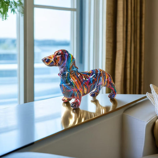 Colourful abstract resin dachshund dog figurine