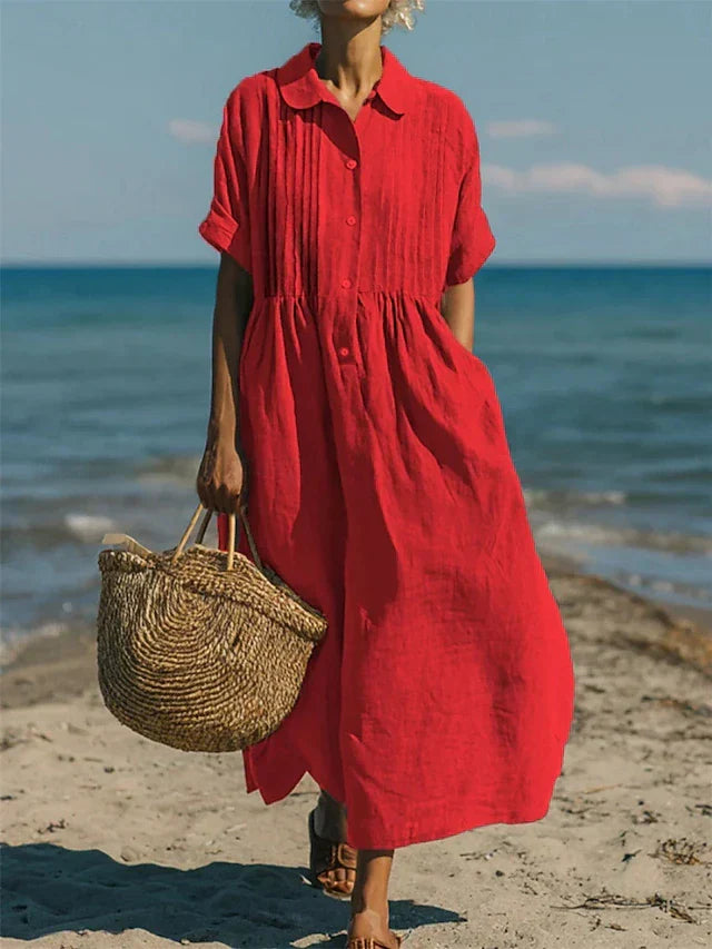 Women's collared button-front cotton midi shirt dress