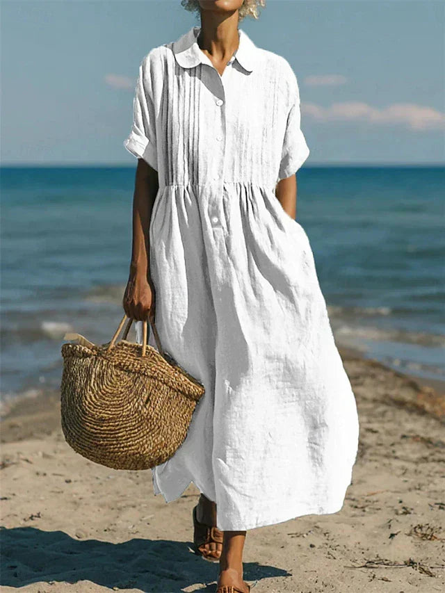 Women's collared button-front cotton midi shirt dress