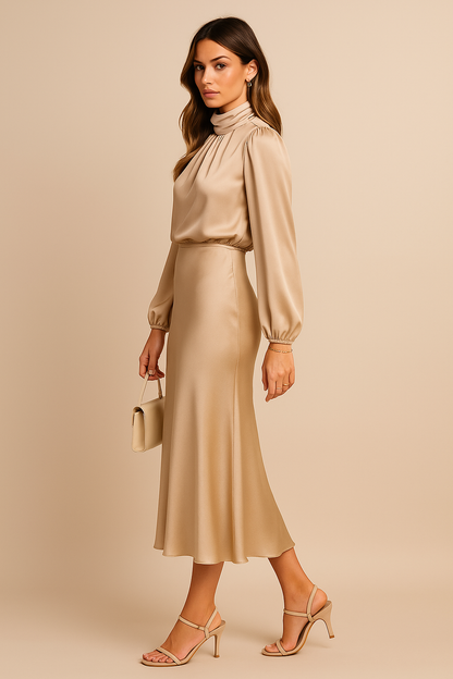 Women's High-Waist Midi Dress – Elegant Cotton-Blend Dress