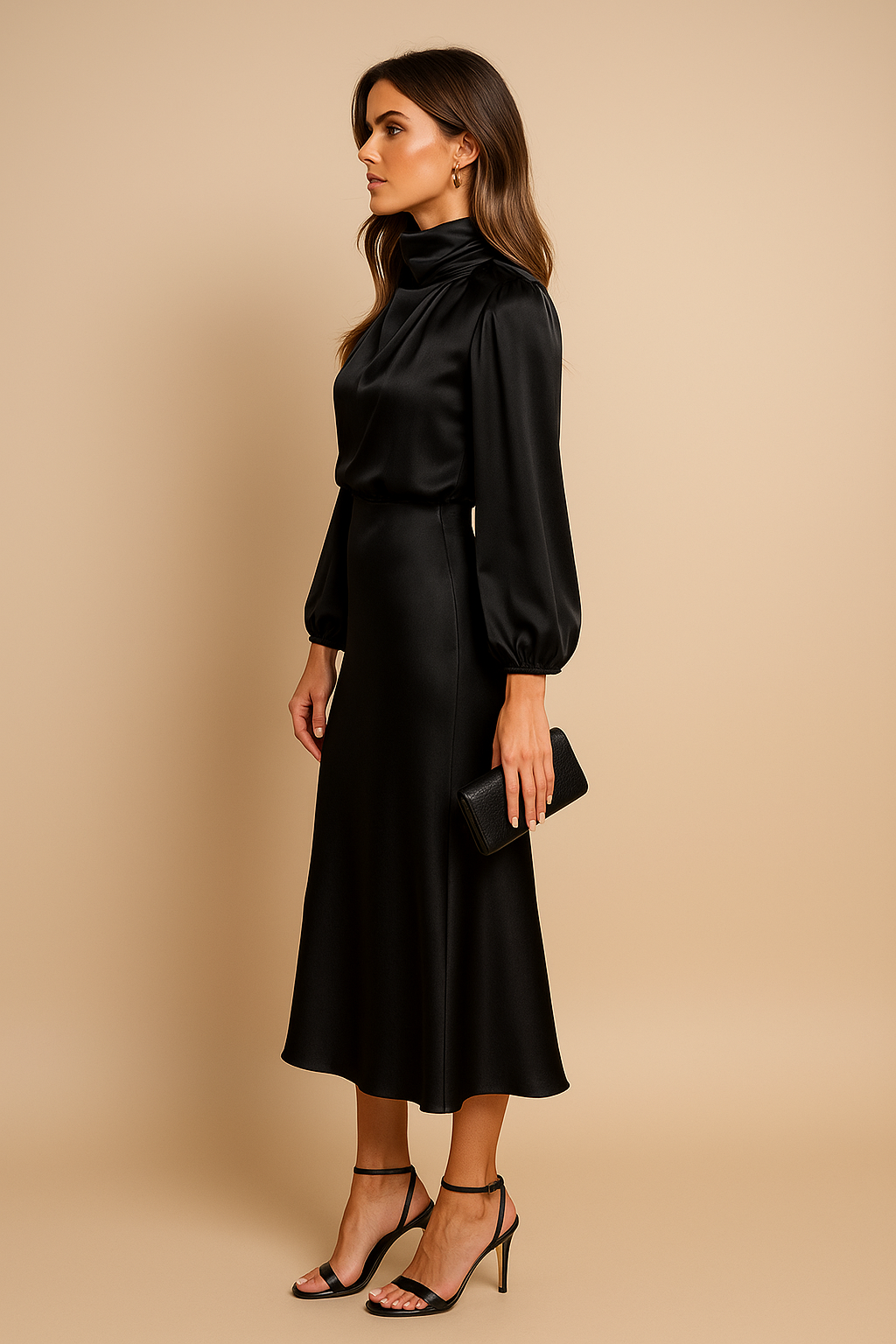 Women's High-Waist Midi Dress – Elegant Cotton-Blend Dress
