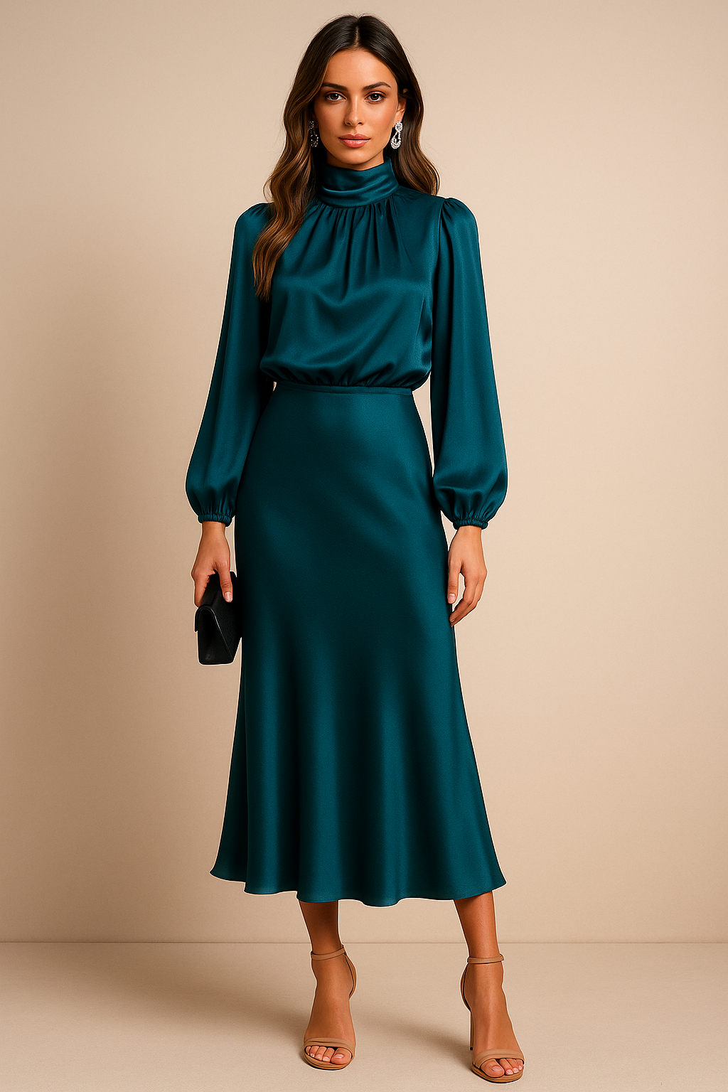 Women's High-Waist Midi Dress – Elegant Cotton-Blend Dress