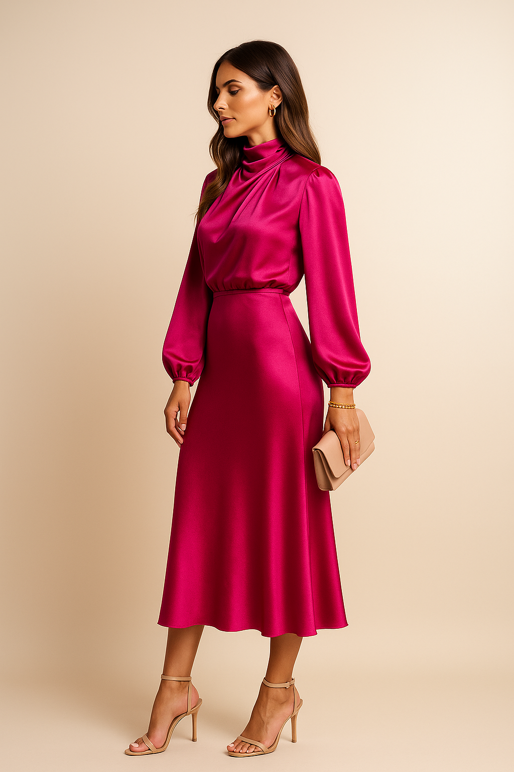 Women's High-Waist Midi Dress – Elegant Cotton-Blend Dress