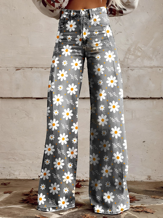 Women's high-waist wide-leg floral print jeans in structured denim