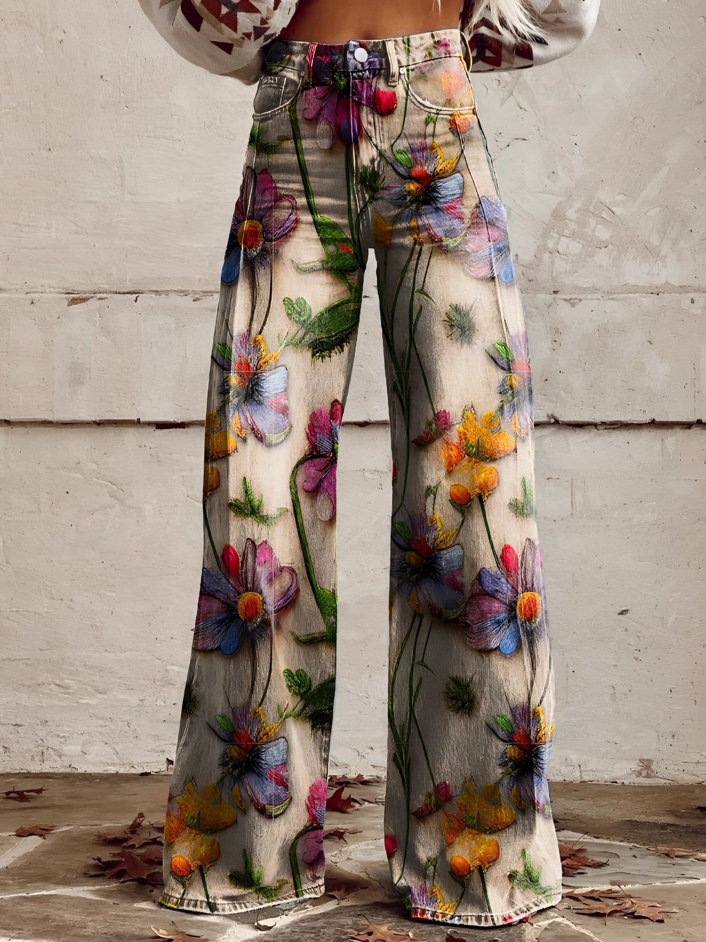 Women's high-waist wide-leg floral print jeans in structured denim