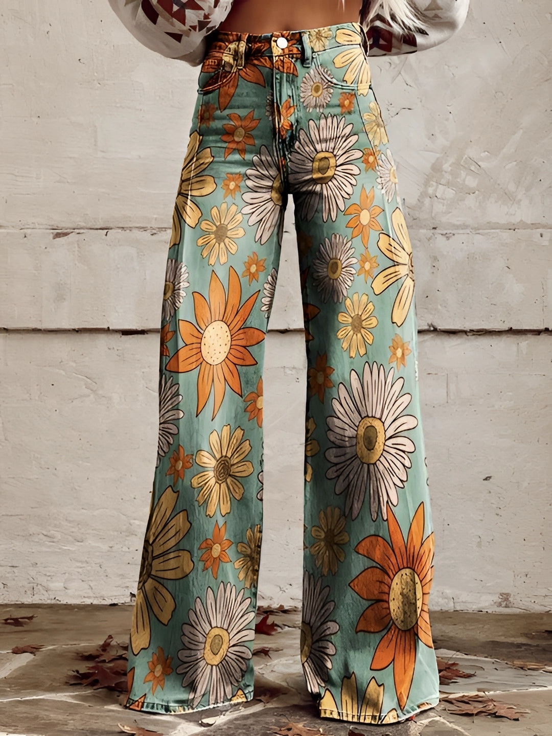 Women's high-waist wide-leg floral print jeans in structured denim