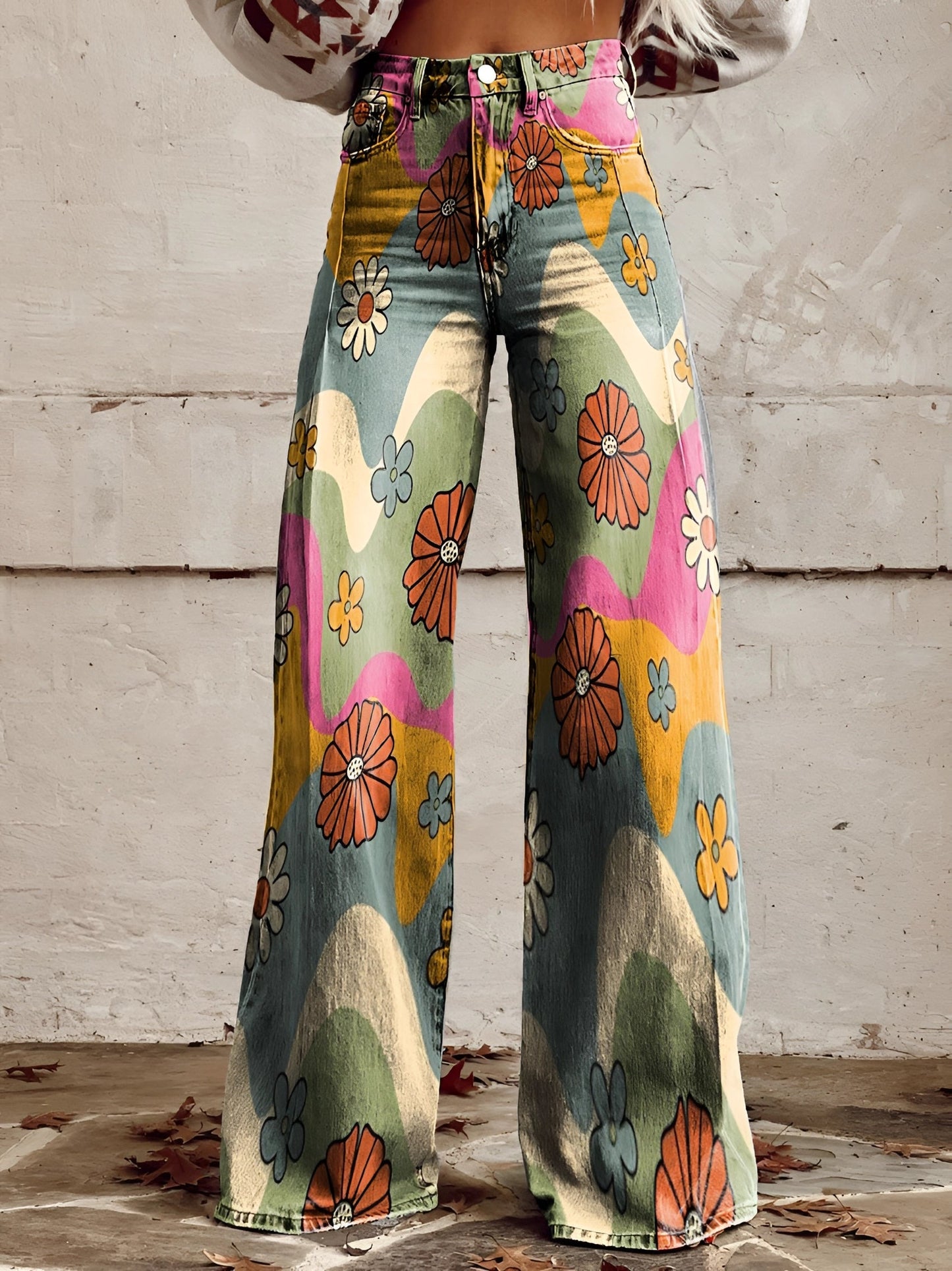 Women's high-waist wide-leg floral print jeans in structured denim