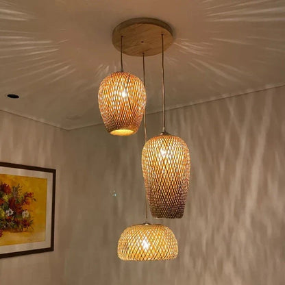 Woven Rattan Pendant Light – 3-Shade Boho Ceiling Light