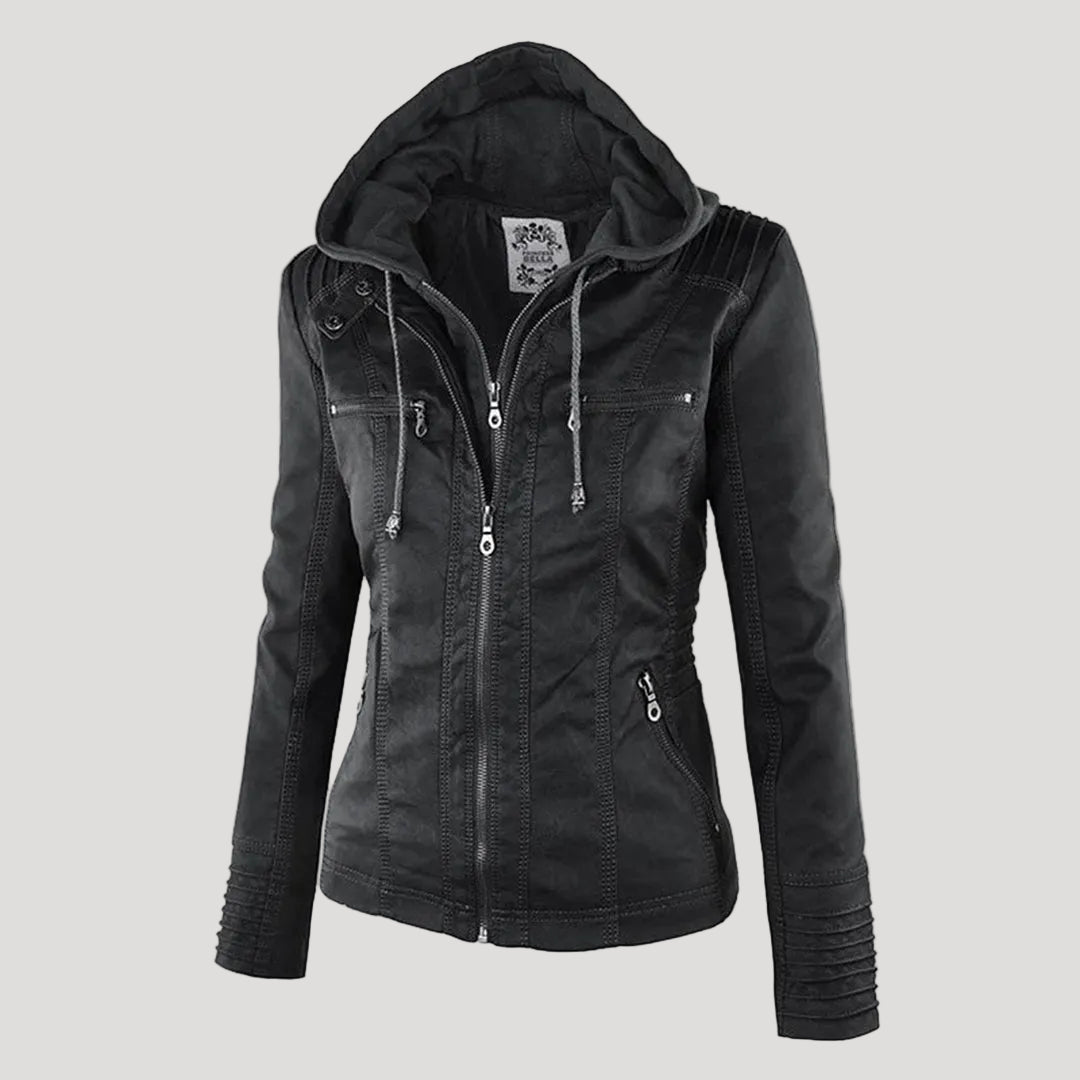 Women's faux leather hooded jacket - black