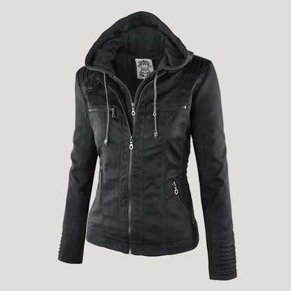 Women's faux leather hooded jacket - black