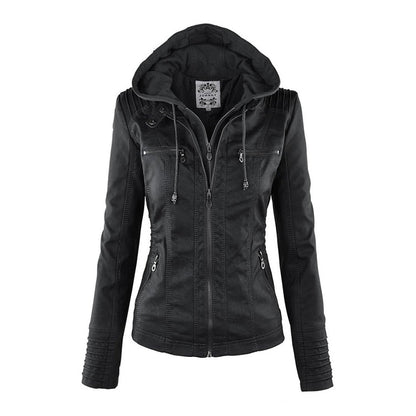 Women's Faux Leather Hooded Jacket – Water-Resistant Jacket