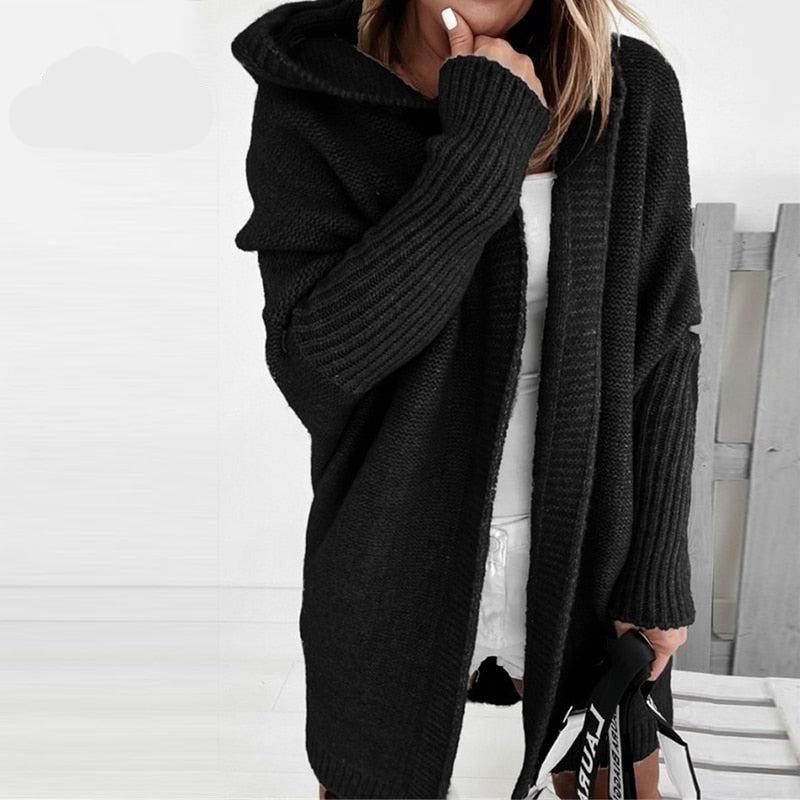 Women's oversized hooded batwing knit cardigan