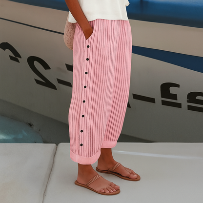 Women's pinstripe summer trousers styling