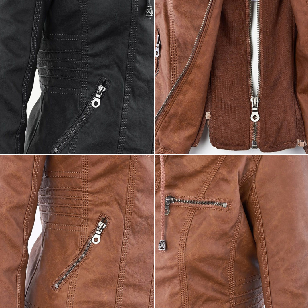 Women's Faux Leather Hooded Jacket – Water-Resistant Jacket
