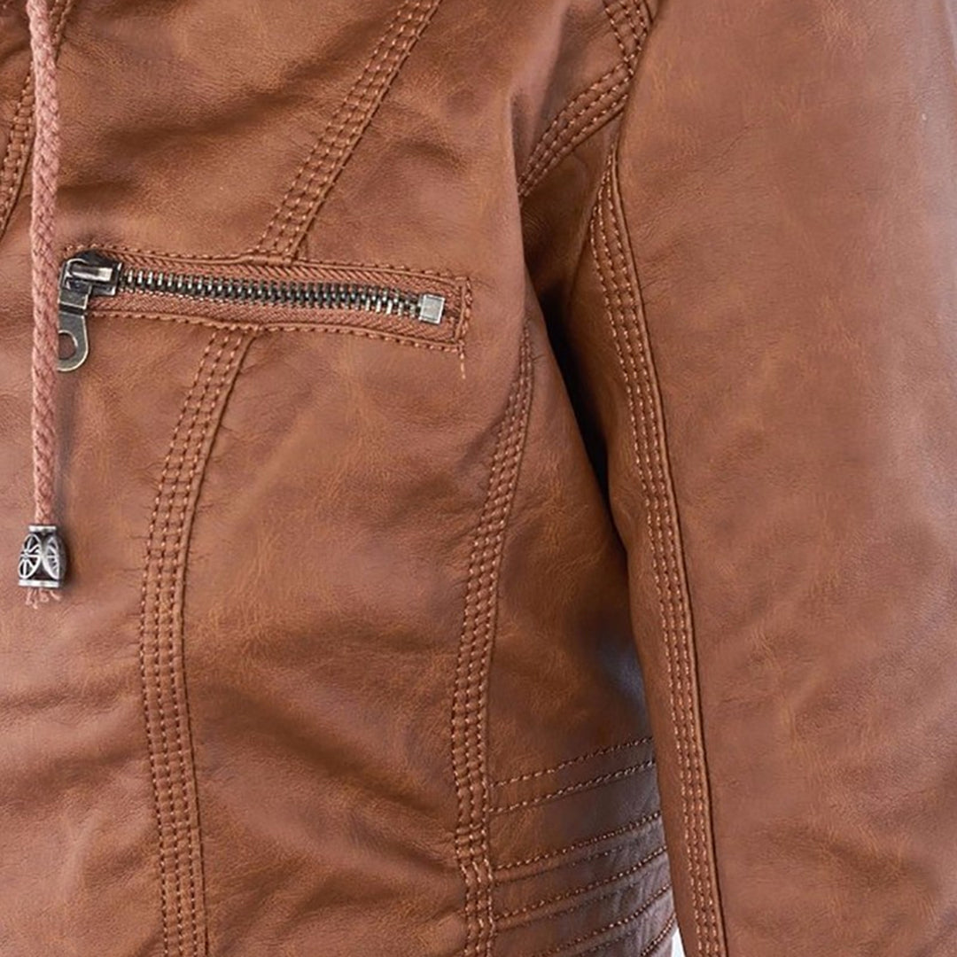 Women's faux leather jacket collar detail