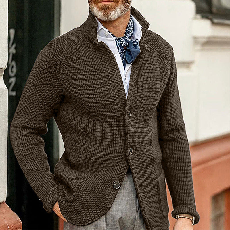 Men's coffee elegant button-front knit cardigan