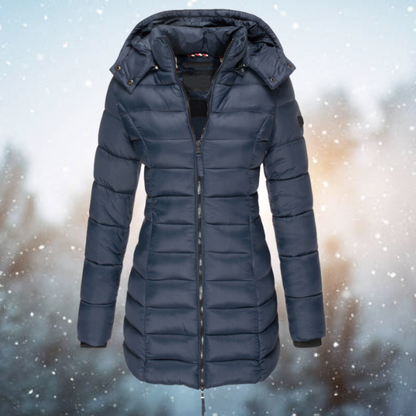 Women's navy long quilted hooded puffer winter coat
