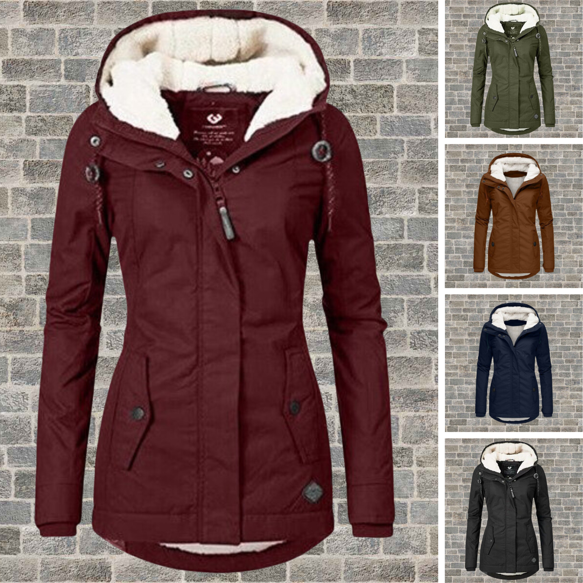 Women's pleated hooded teddy-lined winter coat