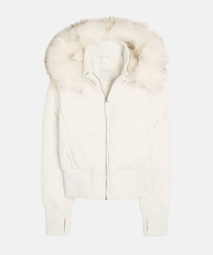 Women's white faux fur hood puffer