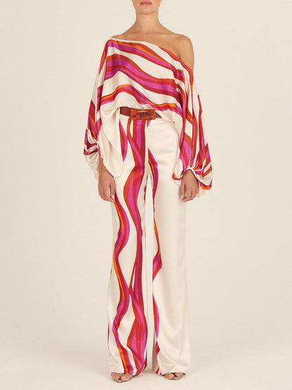 Women's off-shoulder top and wide-leg trousers two-piece set
