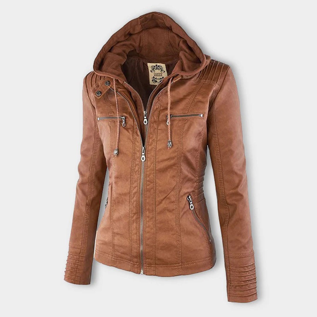 Women's khaki faux leather jacket - back