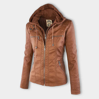 Women's khaki faux leather jacket - back