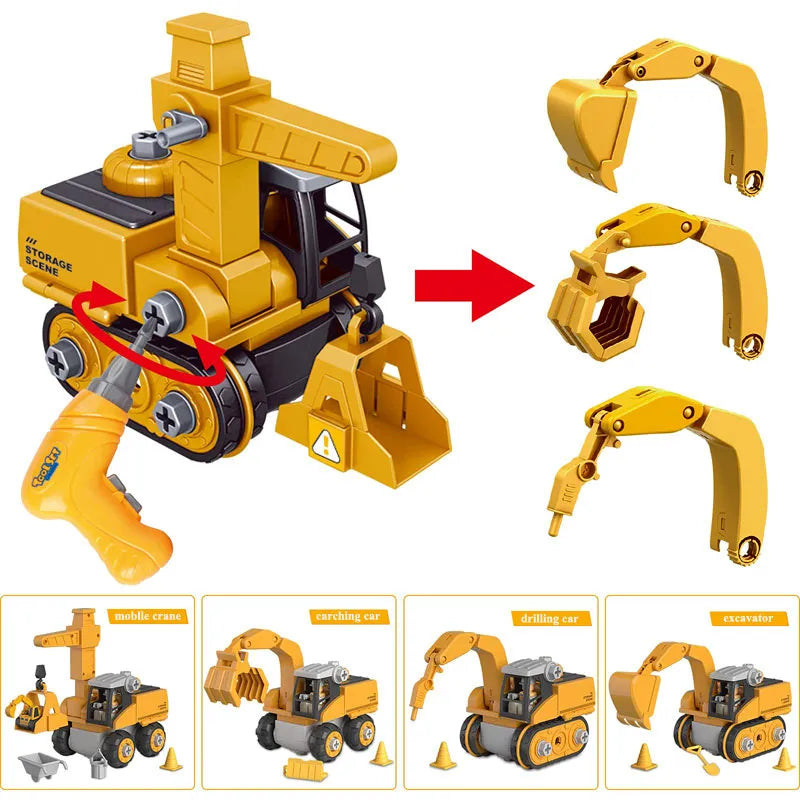 Take-apart construction vehicle toy with drill