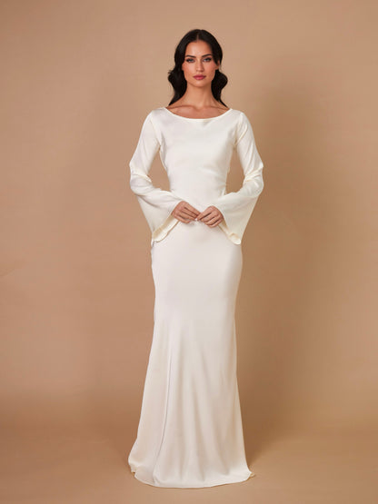Long-Sleeve Maxi Dress – Flowing Satin Occasion Dress