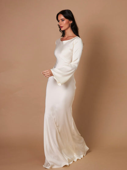 Long-Sleeve Maxi Dress – Flowing Satin Occasion Dress