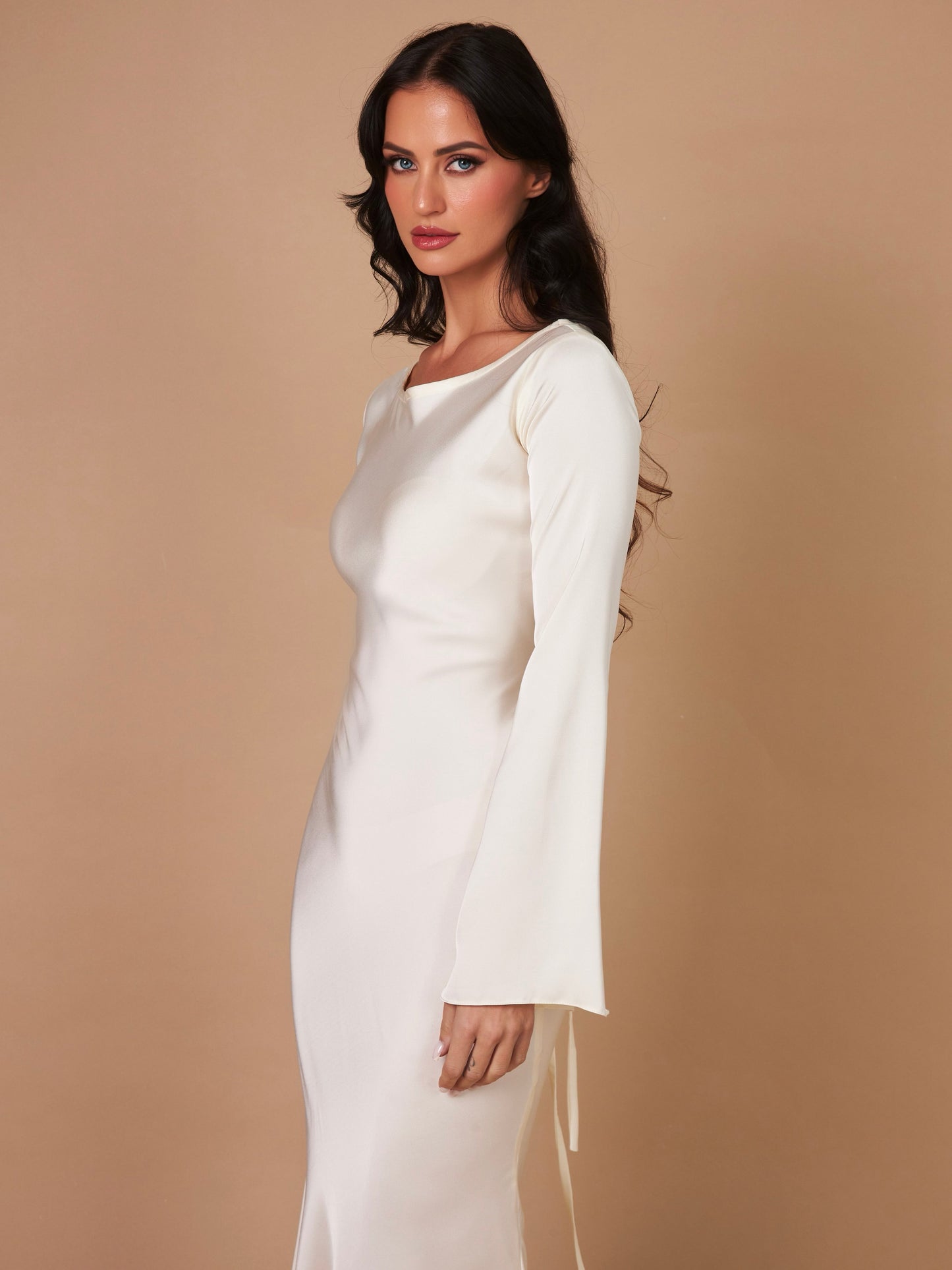 Long-Sleeve Maxi Dress – Flowing Satin Occasion Dress