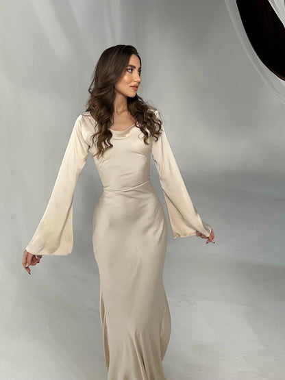 Long-Sleeve Maxi Dress – Flowing Satin Occasion Dress