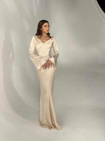 Long-Sleeve Maxi Dress – Flowing Satin Occasion Dress