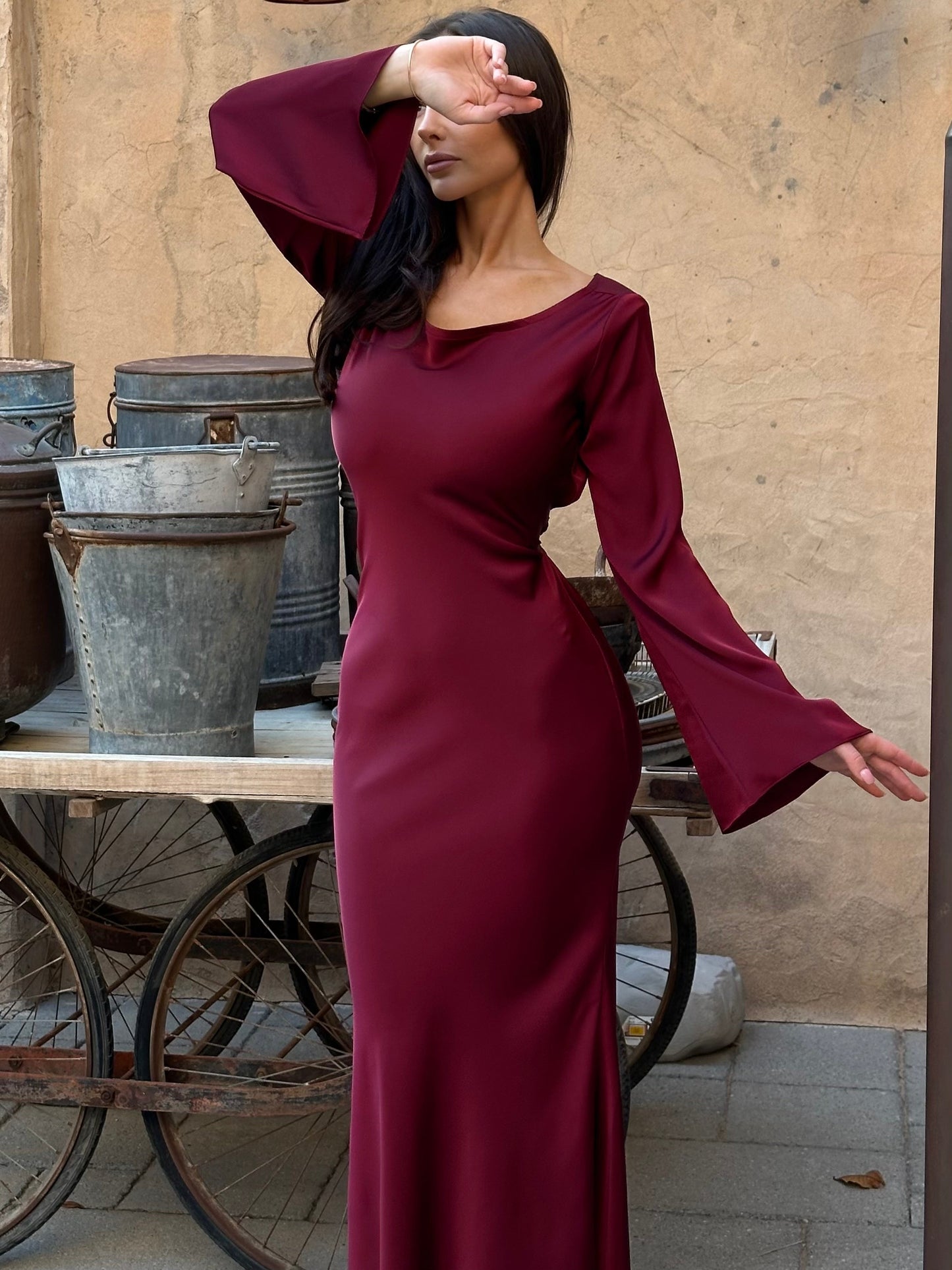 Long-Sleeve Maxi Dress – Flowing Satin Occasion Dress